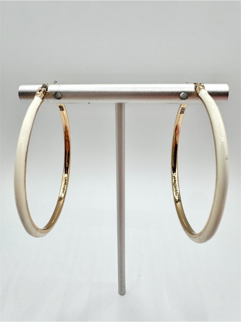 DKNY Hoop Earrings White Enamel Gold Tone Signed 2” Modern Chic Designer Classic